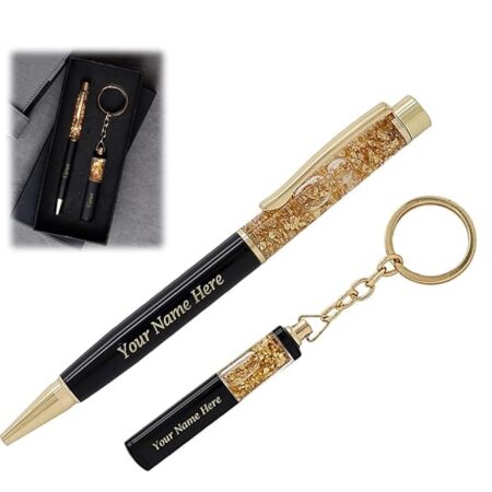 Combo- Personalized Pen With Name Engraved Metal Pen For Gifting with Box, Name Printed On Body (Golden) & Keychain