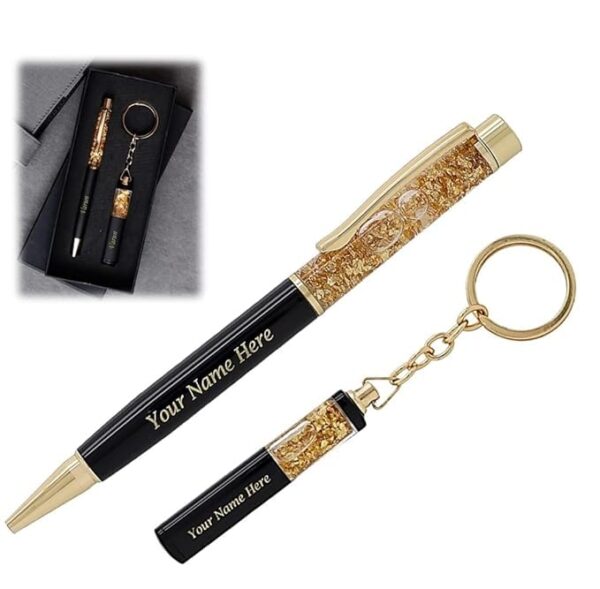 Combo- Personalized Pen With Name Engraved Metal Pen For Gifting with Box, Name Printed On Body (Golden) & Keychain