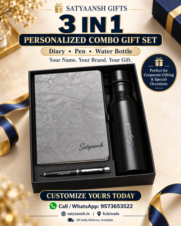 Personalized 3-in-1 Executive Gift Set | Custom Name Diary, Pen & Water Bottle